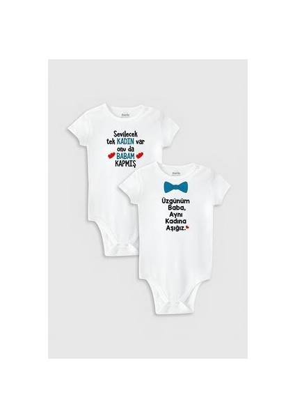 Organik %100 Pamuk Üzgünüm Baba Aynı Kadına Aşığız 2'li Bebek Body Set Badi Zıbın Ikili 5047-5144