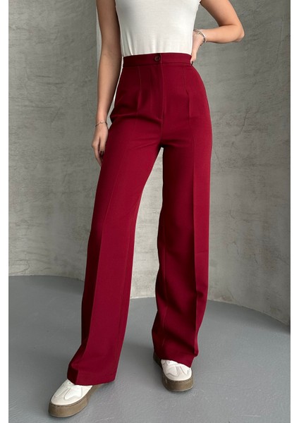 Kadın Yeni Sezon Yüksek Bel Klasik Bordo Kumaş Pantolon Bordo / Xl