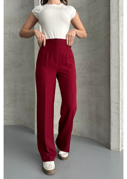 Kadın Yeni Sezon Yüksek Bel Klasik Bordo Kumaş Pantolon Bordo / Xl