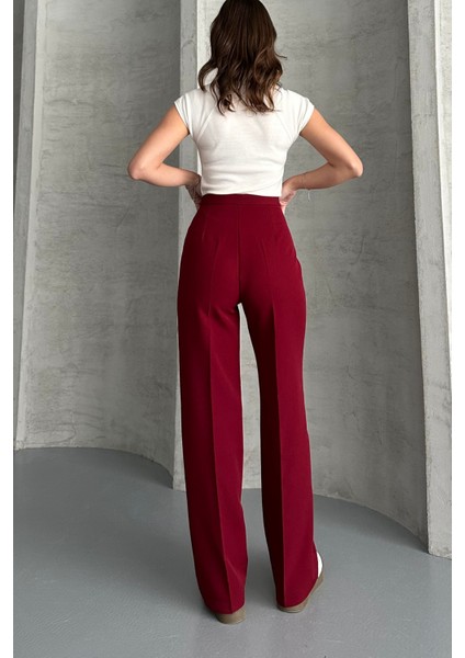 Kadın Yeni Sezon Yüksek Bel Klasik Bordo Kumaş Pantolon Bordo / Xl