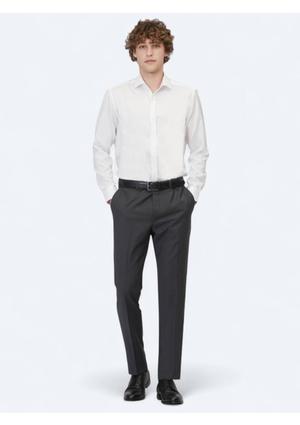 Antrasit Düz Dokuma Fitted Fit Klasik Yün Karışımlı Pantolon