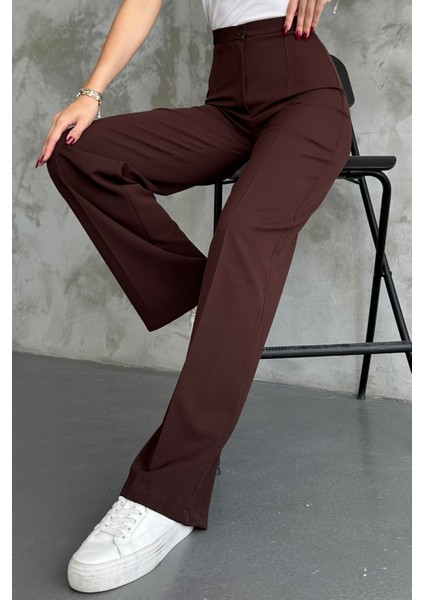Kadın Yeni Sezon Yüksek Bel Klasik Kahverengi Kumaş Pantolon Kahve / M