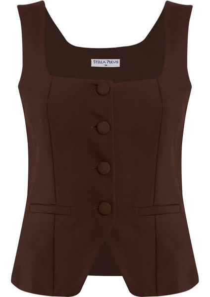 Kahverengi Astarsız Kare Yaka Yelek