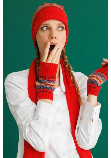 Kadın Jakarlı Yün Eldiven Mercan