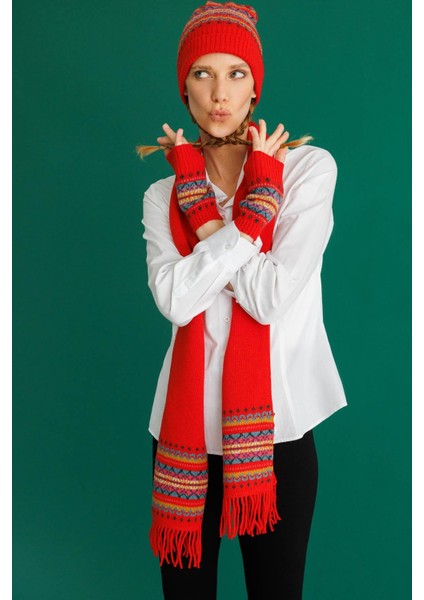 Kadın Jakarlı Yün Eldiven Mercan modelleri