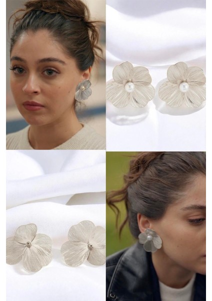 Gümüş Kaplama Leyla Incili Çiçek Çelik Küpe