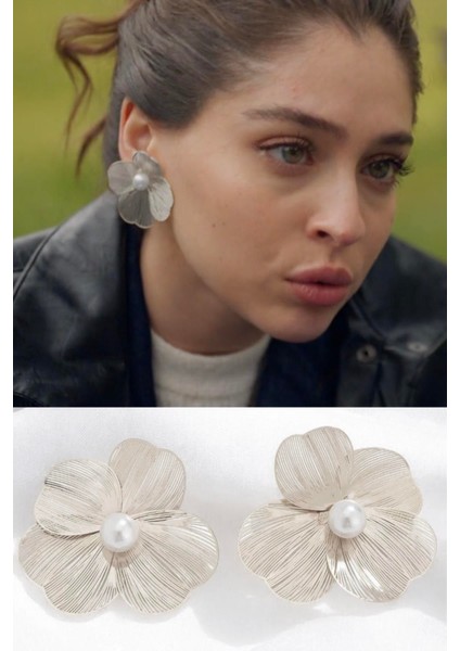 Gümüş Kaplama Leyla Incili Çiçek Çelik Küpe modelleri