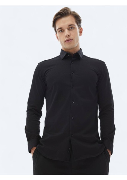 Siyah Düz Regular Fit Dokuma Casual %100 Pamuk Gömlek
