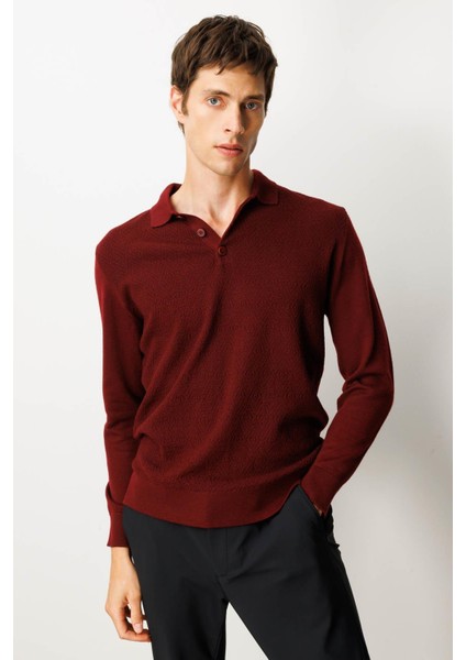 Erkek Polo Yaka Önü Baklavalı Triko Kazak Bordo
