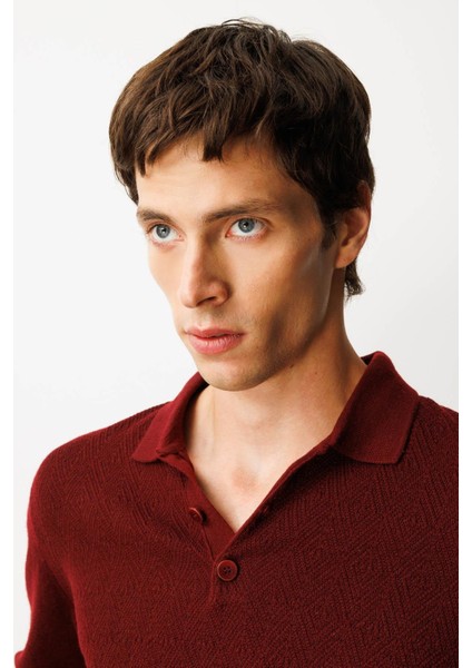 Erkek Polo Yaka Önü Baklavalı Triko Kazak Bordo fiyatları