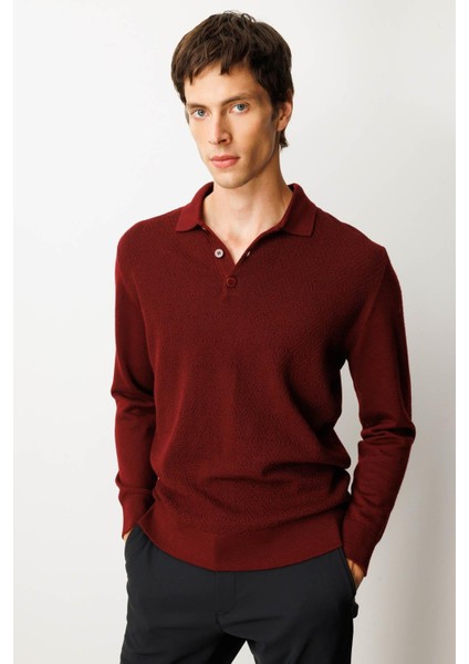 Erkek Polo Yaka Önü Baklavalı Triko Kazak Bordo fırsatları