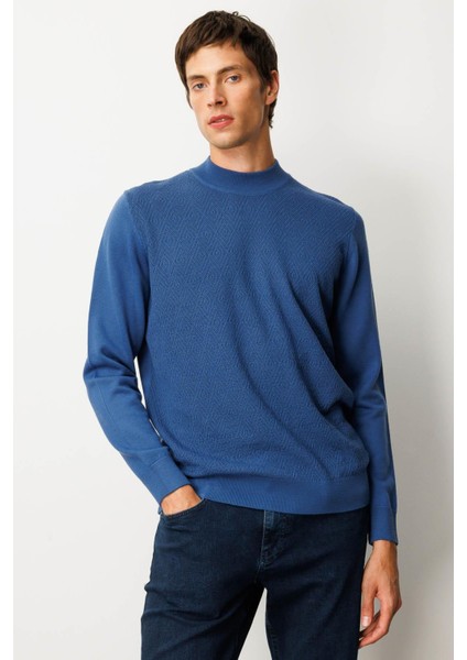 Erkek Yarım Balıkçı Yaka Önü Baklavalı Triko Kazak H.mavi