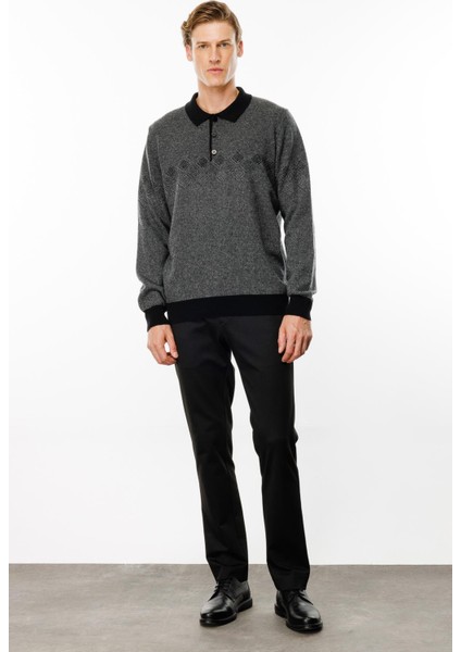 Erkek Polo Yaka Göğsü Baklava Desenli Yün Kazak Siyah fiyatları