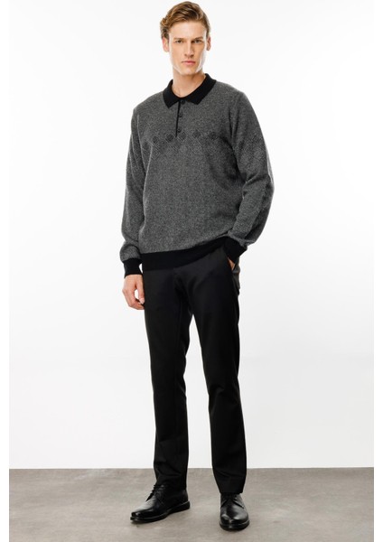 Erkek Polo Yaka Göğsü Baklava Desenli Yün Kazak Siyah modelleri