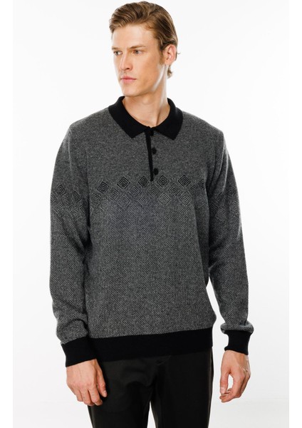 Erkek Polo Yaka Göğsü Baklava Desenli Yün Kazak Siyah fırsatları