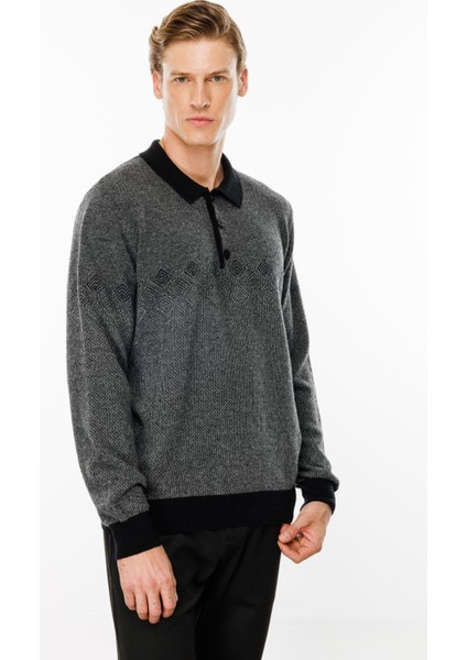 Erkek Polo Yaka Göğsü Baklava Desenli Yün Kazak Siyah indirimleri