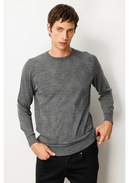 Erkek Sıfır Yaka Çizgili Baklavalı Yün Kazak Füme