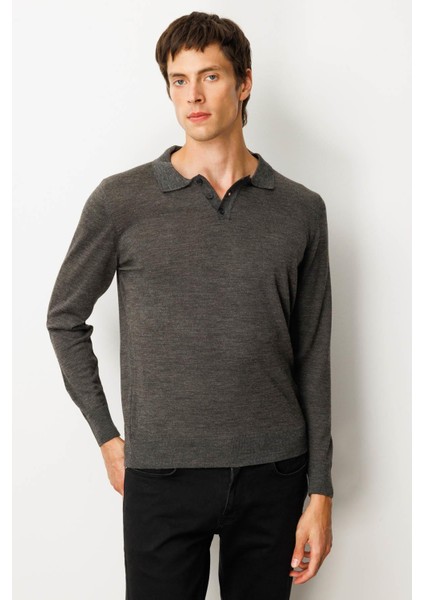 Erkek Basic Polo Yaka Ince Triko Kazak K.füme