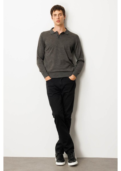 Erkek Basic Polo Yaka Ince Triko Kazak K.füme