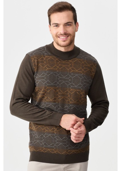 Erkek Yarım Balıkçı Yaka Önü Desenli Kazak D.kahve