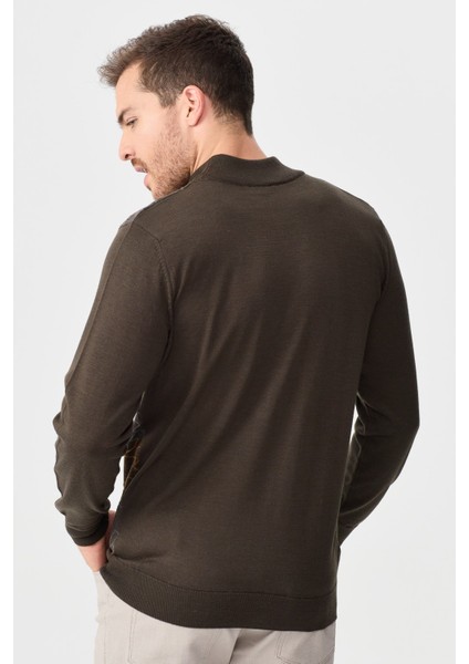 Erkek Yarım Balıkçı Yaka Önü Desenli Kazak D.kahve