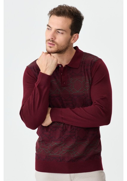 Erkek Polo Yaka Önü Desenli Kazak Bordo