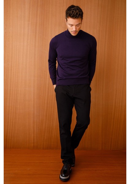 Erkek Basic Tam Balıkçı Ince Triko Kazak K.mor