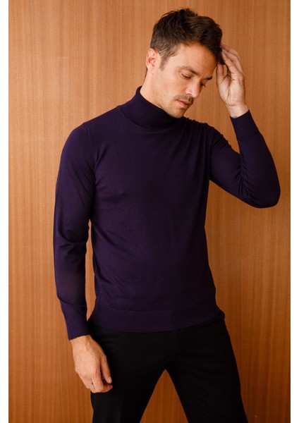 Erkek Basic Tam Balıkçı Ince Triko Kazak K.mor