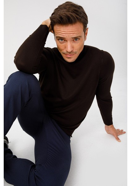 Erkek Basic Tam Balıkçı Ince Triko Kazak K.kahve