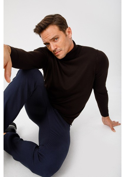 Erkek Basic Tam Balıkçı Ince Triko Kazak K.kahve