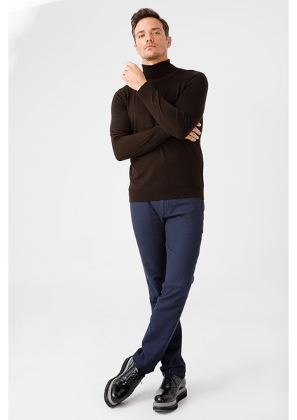 Erkek Basic Tam Balıkçı Ince Triko Kazak K.kahve