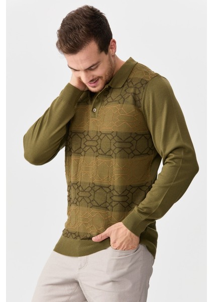Erkek Polo Yaka Önü Desenli Kazak A.haki