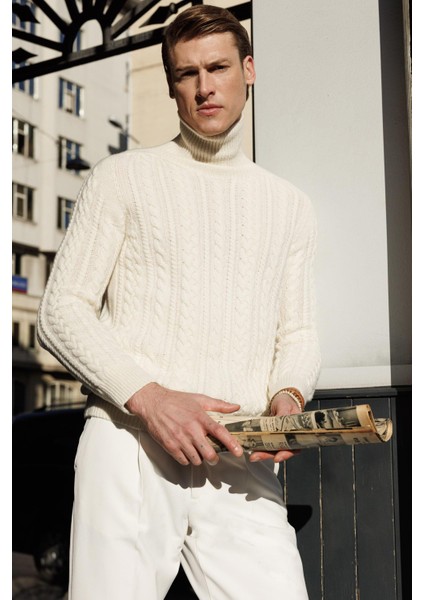 Erkek Balıkçı Yaka Saç Örgülü Yün Kazak Kemik