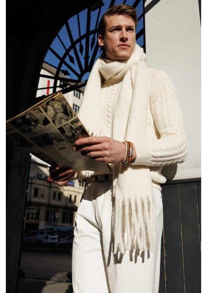 Erkek Balıkçı Yaka Saç Örgülü Yün Kazak Kemik