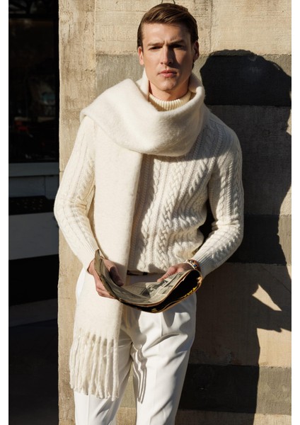 Erkek Balıkçı Yaka Saç Örgülü Yün Kazak Kemik