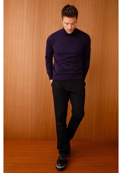 Erkek Basic Tam Balıkçı Ince Triko Kazak K.mor