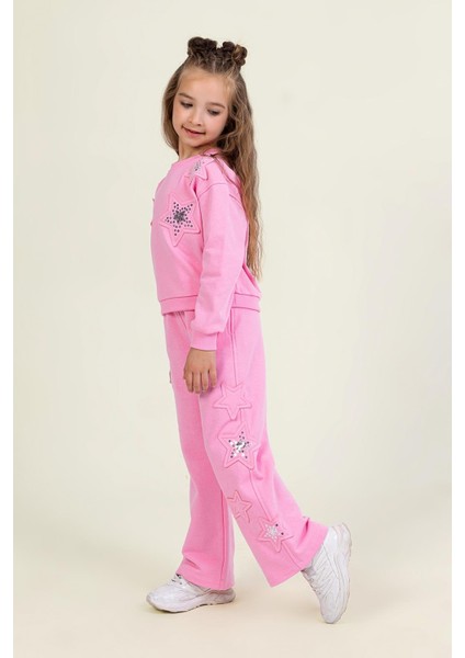 Kız Çocuk Yıldız Pul Işlemeli 2’li Takım – Pembe Sweatshirt & Alt EŞOFMAN-9841 modelleri