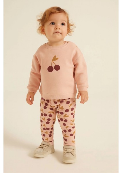 Kız Bebek Bisiklet Yaka Kiraz Desenli Alt Üst Takım (Sweatshirt & Tayt) - Pembe Uzun Kol Set fırsatları