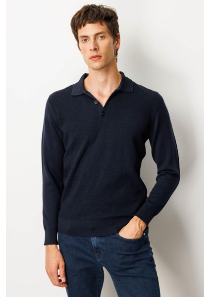 Erkek Polo Yaka Önü Baklavalı Triko Kazak K.lacivert