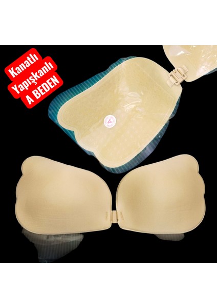 Yapışkanlı Sütyen, Görünmez Askısız ve Sırtsız -Dikişsiz Sütyen, Etkili Önden Klipsli-A Beden-Ten