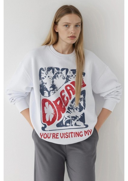 Kadın Baskılı Yuvarlak Yaka Sweatshirt White