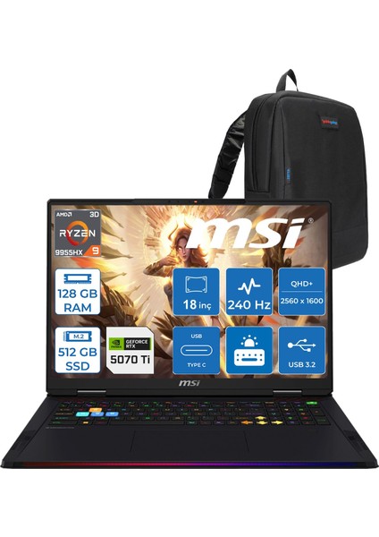 Msı Raıder A18 Hx A9WHG-266TR Amd Ryzen 9-9955HX3D Aı 128GB 512GB SSD RTX5070 Ti 12GB 140W 18 Inç 2k Qhd+ 240Hz IPS Freedos Gaming Laptop ZW266TRF49+ZETTAÇANTA