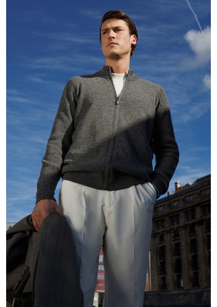 Erkek Hakim Yaka Triko Yün Ceket Füme