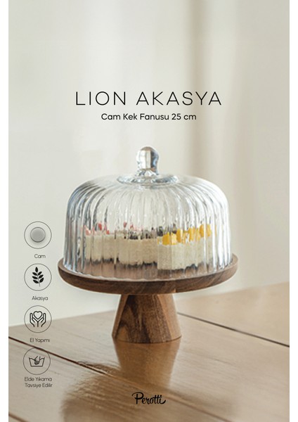 Lion Akasya Standlı Cam Kek Fanusu Ayaklı 25 cm Orta Boy