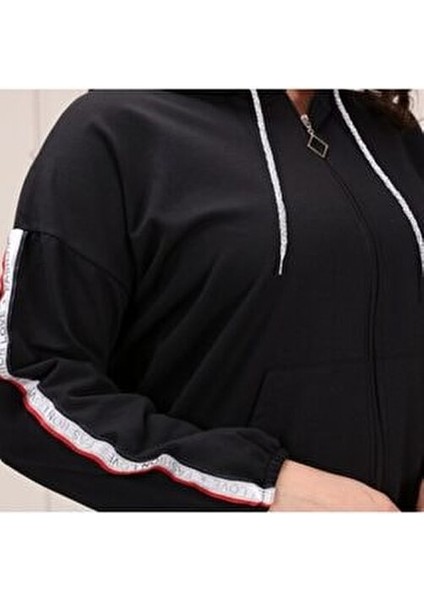 Kadın Büyük Beden Kapüşonlu Fermuarlı Eşofman Takımı Pamuklu Rahat Stil