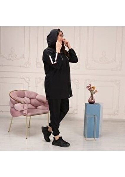 Kadın Büyük Beden Kapüşonlu Fermuarlı Eşofman Takımı Pamuklu Rahat Stil