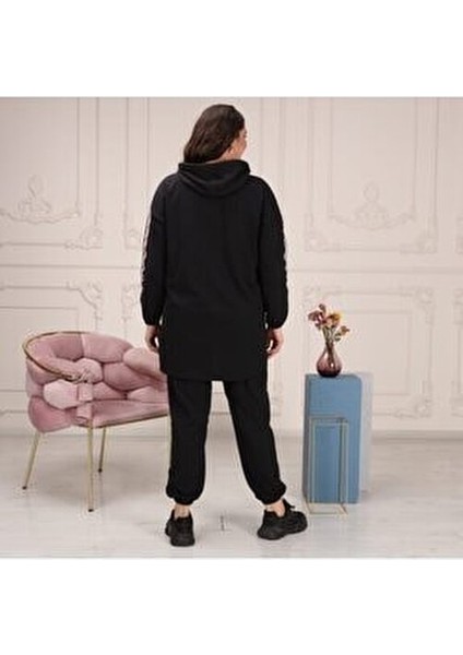 Kadın Büyük Beden Kapüşonlu Fermuarlı Eşofman Takımı Pamuklu Rahat Stil