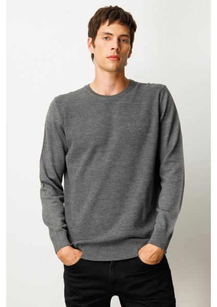 Erkek Sıfır Yaka Önü Baklavalı Triko Kazak Füme