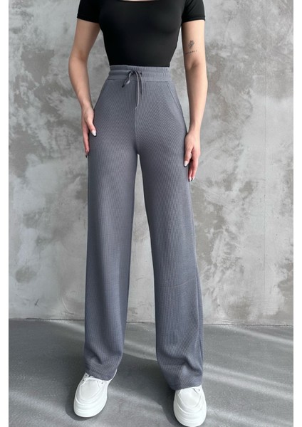 Kadın Yeni Sezon Bol Paça Fitilli Kumaş Bel Lastikli Mevsimlik Pantolon Gri / M fiyatları