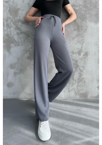 Kadın Yeni Sezon Bol Paça Fitilli Kumaş Bel Lastikli Mevsimlik Pantolon Gri / M fırsatları